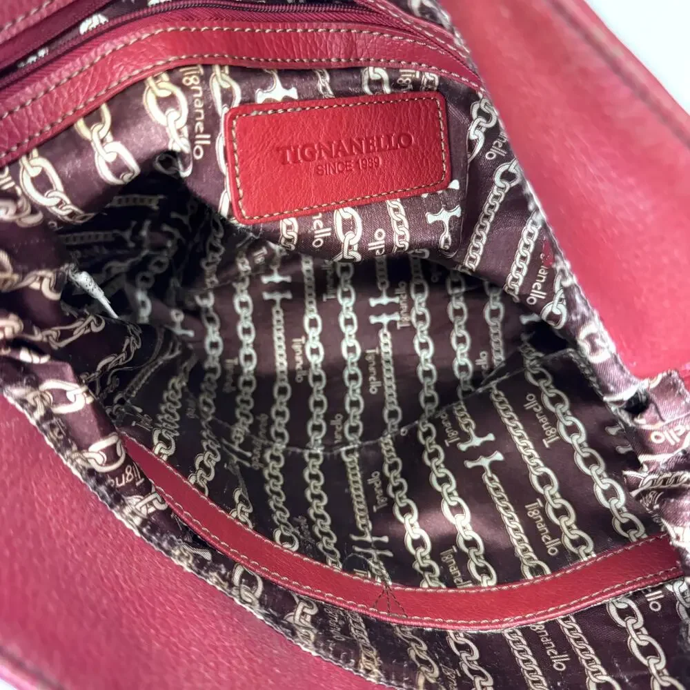 Tignanello Womens Satchel Handbag Slouchy Hobo Pebbled Leather Chain Red